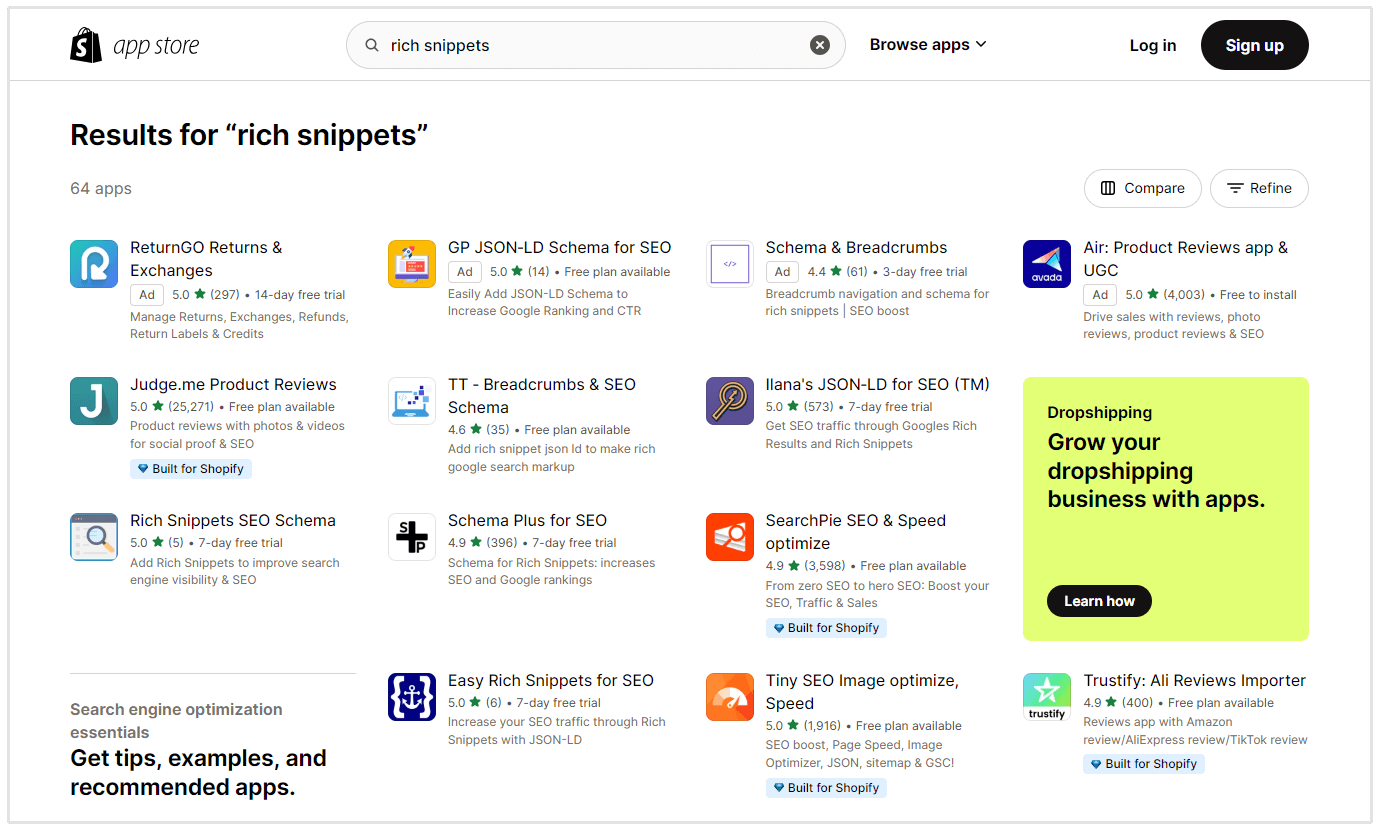 Shopify Rich Snippets App-Marktplatz